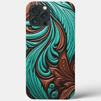 Turquoise and Chocolate Tooled Western Patterns iPhone 13 Pro Max Case