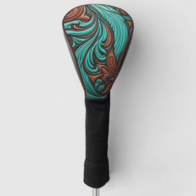 Turquoise and Chocolate Tooled Western Patterns Golf Head Cover (Front)