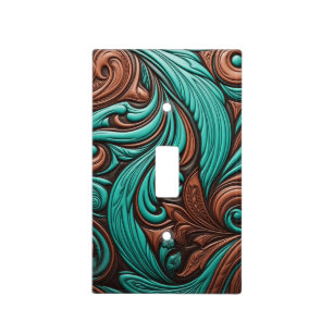Turquoise and Chocolate Tooled Western Patterns Light Switch Cover