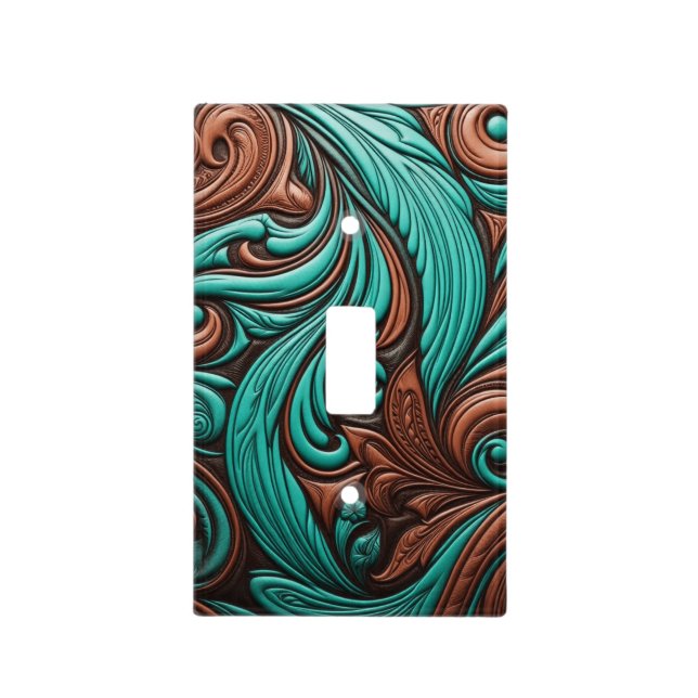 Turquoise and Chocolate Tooled Western Patterns Light Switch Cover (Front)