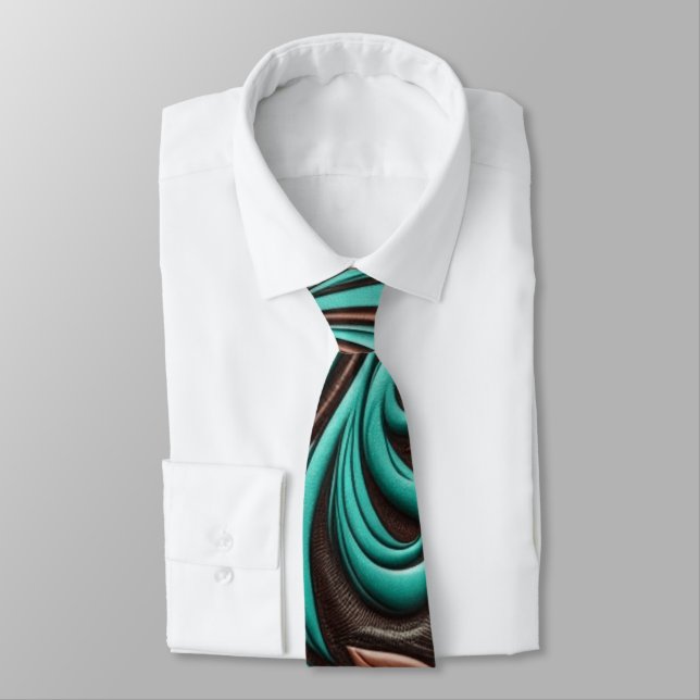 Turquoise and Chocolate Tooled Western Patterns Neck Tie (Tied)
