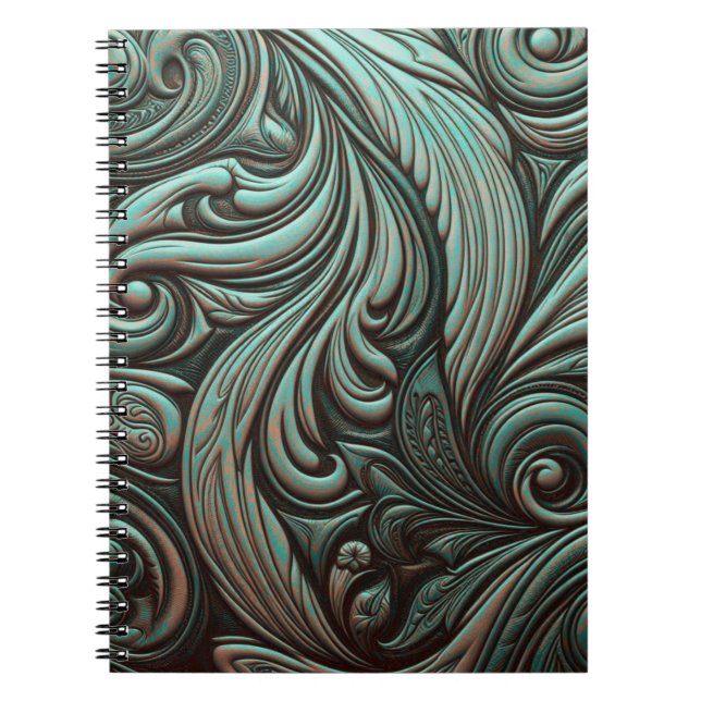 Turquoise and Chocolate Tooled Western Patterns Notebook (Front)