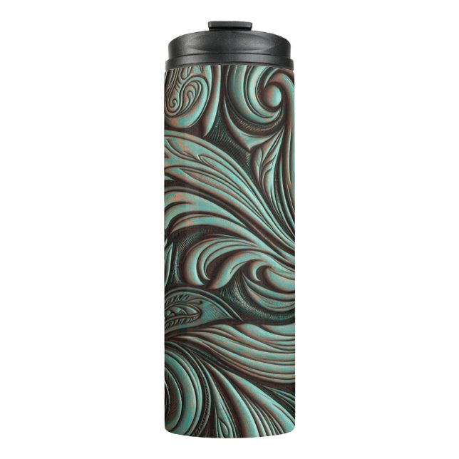 Turquoise and Chocolate Tooled Western Patterns Thermal Tumbler (Front)