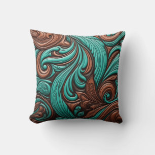 Turquoise and Chocolate Tooled Western Patterns Throw Pillow