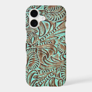 Turquoise and Chocolate Tooled Western Print iPhone 17 Case