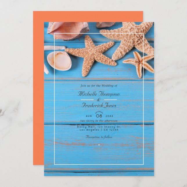 Turquoise and Coral Beach QR Code RSVP Wedding Invitation (Front/Back)