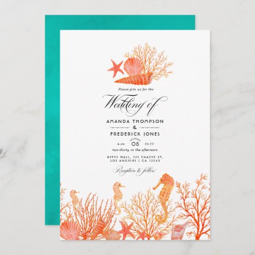 Turquoise and Coral Beach Wedding Photo Invitation