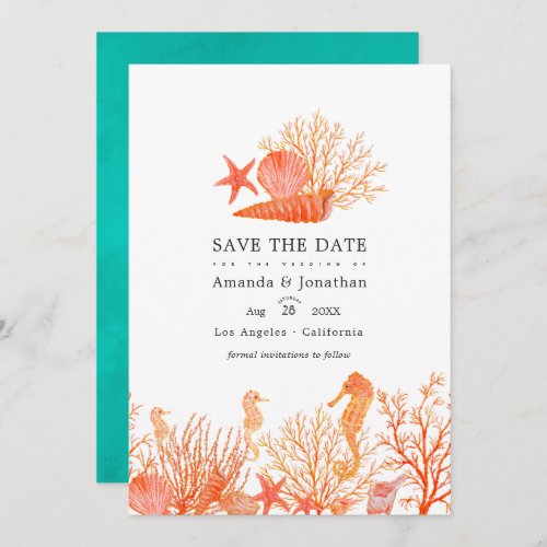 Turquoise and Coral Beach Wedding Photo Save The Date