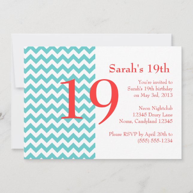 Turquoise and Coral Chevron Birthday Invitation (Front)