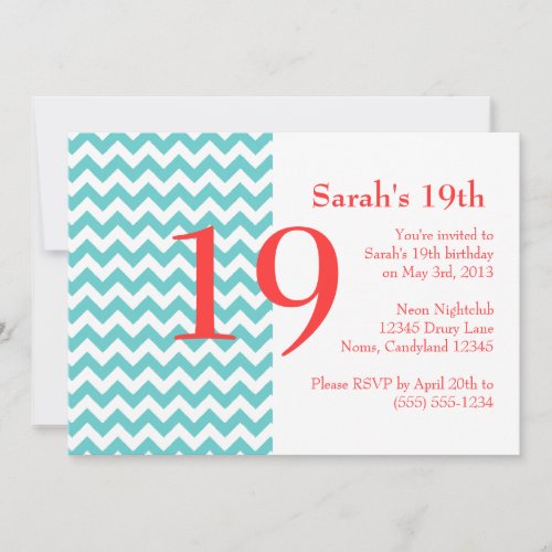 Turquoise and Coral Chevron Birthday Invitation
