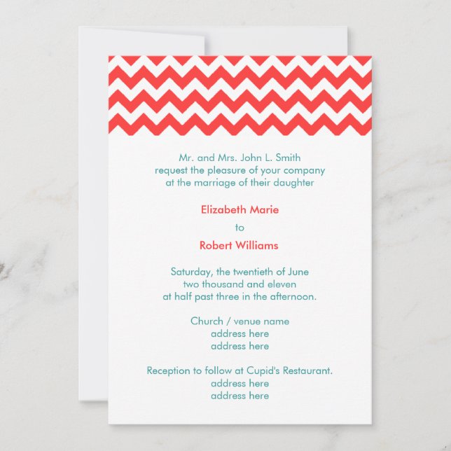 Turquoise and Coral Chevron Wedding Invitation (Front)