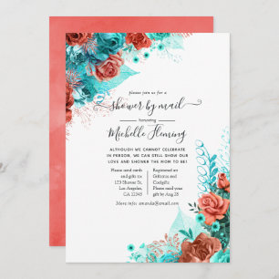 Turquoise and Coral Floral Baby Shower by Mail Invitation