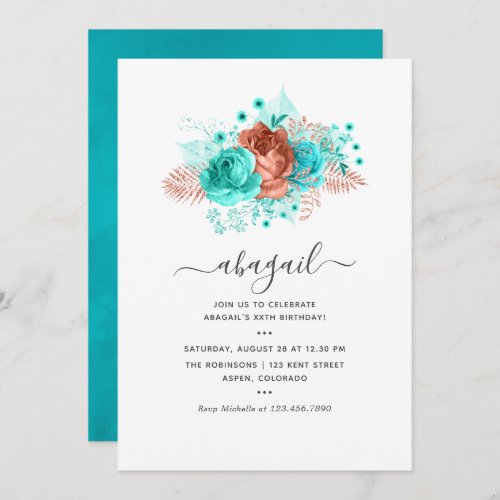 Turquoise and Coral Floral Birthday Invitation