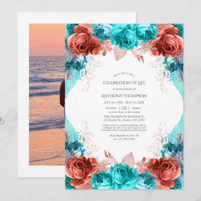 Turquoise and Coral Floral Celebration of Life Invitation (Front/Back)