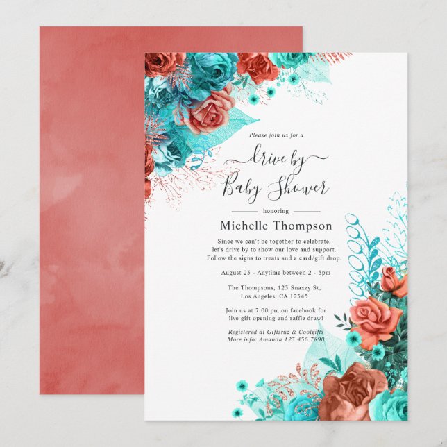 Turquoise and Coral Floral Drive By Shower Invitation (Front/Back)