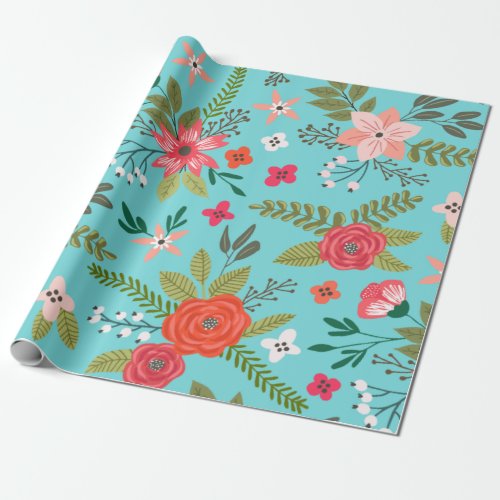 Turquoise and Coral Floral Pattern Wrapping Paper