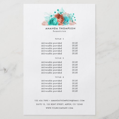 Turquoise and Coral Floral Pricing  Services Flyer