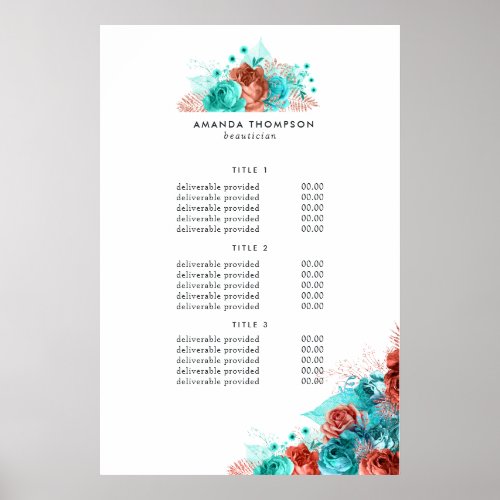 Turquoise and Coral Floral Pricing  Services Sign