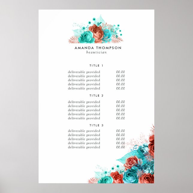 Turquoise and Coral Floral Pricing & Services Sign (Front)