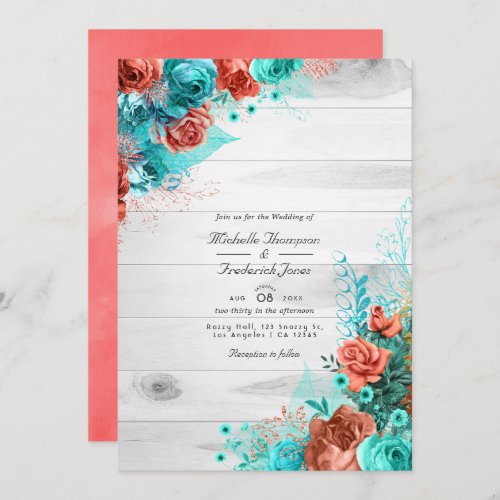 Turquoise and Coral Floral QR Code RSVP Wedding In Invitation