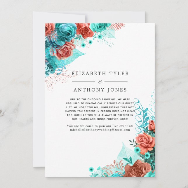 Turquoise and Coral Floral Reduced Guest List Announcement (Front)