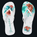 Turquoise and Coral Floral Tropical Wedding Favor Flip Flops<br><div class="desc">Turquoise and coral roses and tropical foliage summer wedding favors designed to be quickly and easily customized to your event specifics.</div>
