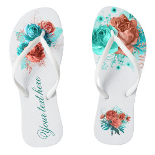 Turquoise and Coral Floral Tropical Wedding Favor Flip Flops