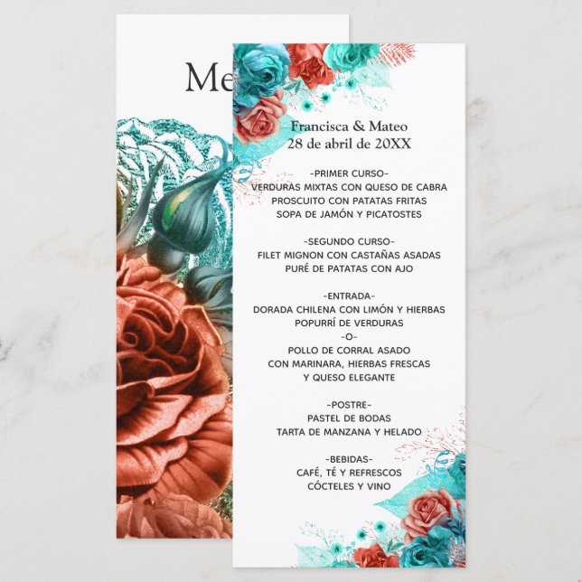 Turquoise and Coral Floral Tropical Wedding Menu (Front/Back)