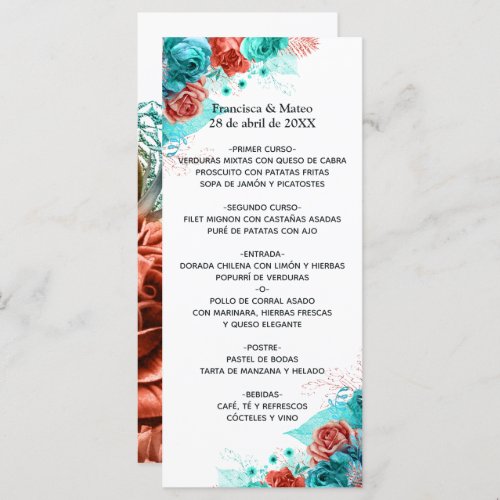 Turquoise and Coral Floral Tropical Wedding Menu