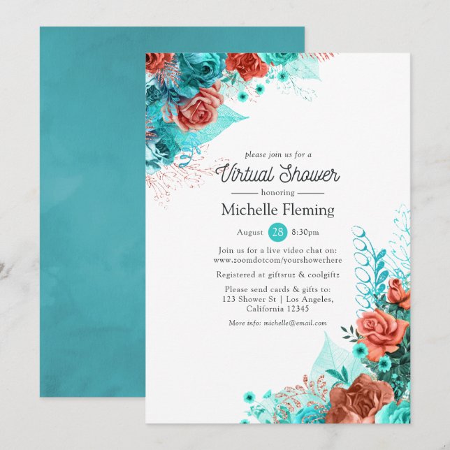 Turquoise and Coral Floral Virtual Shower Invitation (Front/Back)