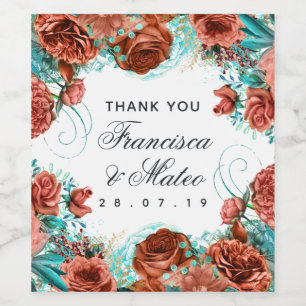 Turquoise and Coral Floral Wedding Guest Thank You Wine Label