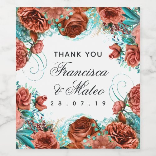 Turquoise and Coral Floral Wedding Guest Thank You Wine Label