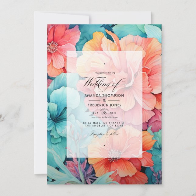 Turquoise and Coral Floral Wedding Invitation (Front)