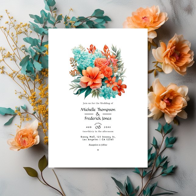 Turquoise and Coral Floral Wedding Invitation (Creator Uploaded)