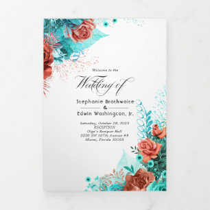 Turquoise and Coral Floral Wedding Program