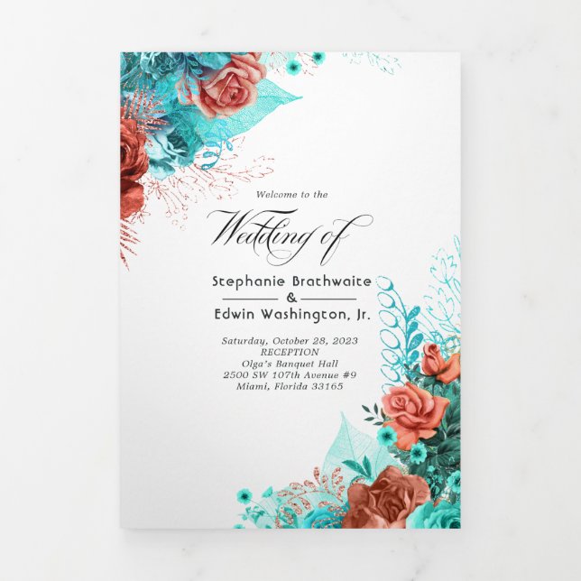 Turquoise and Coral Floral Wedding Program (Cover)