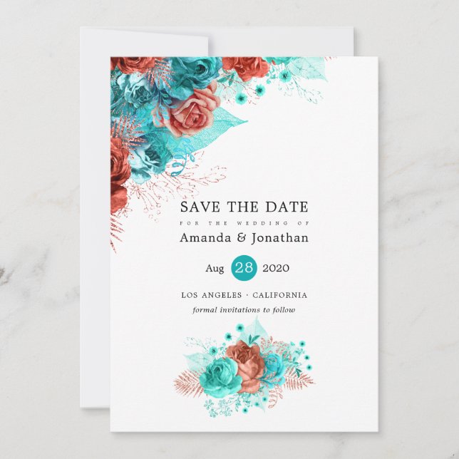 Turquoise and Coral Glitter Floral Wedding Save The Date (Front)