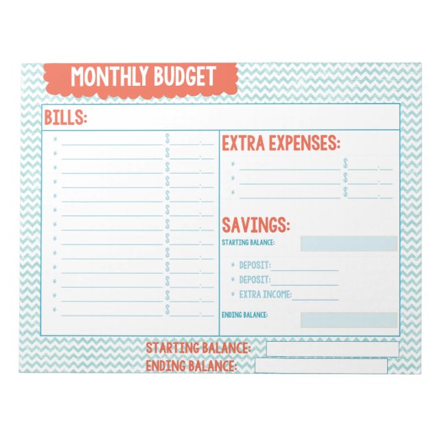Turquoise and Coral Monthly Budget Planner Notepad (Front)
