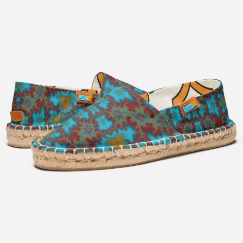Turquoise and Coral Red Fractal Fire Burst Pattern Espadrilles