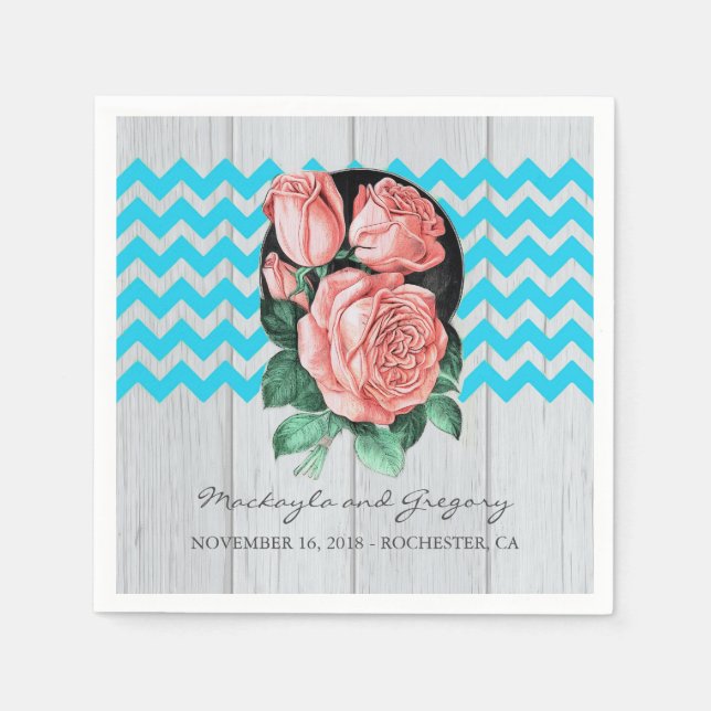 Turquoise and Coral Rustic Chic Wedding Paper Napkins (Front)