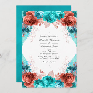 Turquoise and Coral Rustic Floral QR Code Wedding Invitation