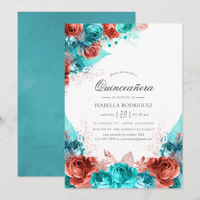Turquoise and Coral Rustic Floral Quinceañera Invitation (Front/Back)
