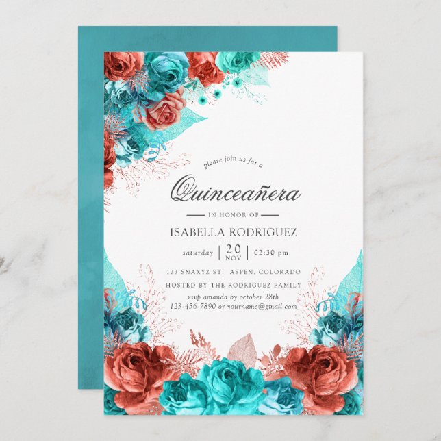 Turquoise and Coral Rustic Floral Quinceañera Invitation (Front/Back)