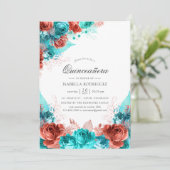 Turquoise and Coral Rustic Floral Quinceañera Invitation (Standing Front)