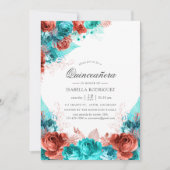 Turquoise and Coral Rustic Floral Quinceañera Invitation (Front)