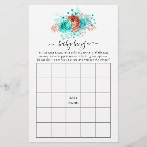 Turquoise and Coral Rustic Floral Shower Bingo