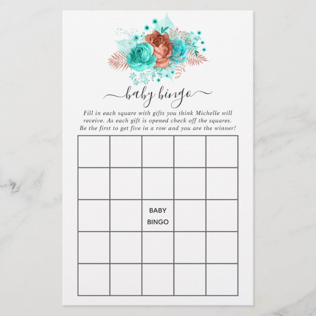 Turquoise and Coral Rustic Floral Shower Bingo (Front)