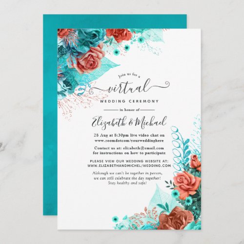 Turquoise and Coral Rustic Floral Virtual Wedding Invitation