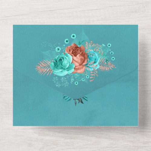 Turquoise and Coral Rustic Floral Wedding All In One Invitation