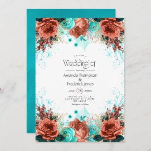 Turquoise and Coral Rustic Floral Wedding Invitati Invitation
